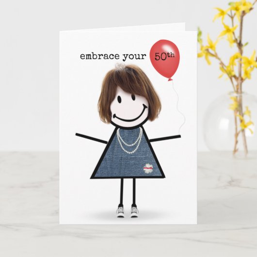 50th Birthday Stick Figuur Girl met rode ballon Kaart (Gele Bloem)