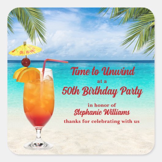 50th Birthday Summer Cocktail Beach Party Vierkante Sticker (Voorkant)