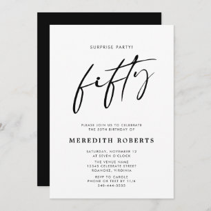 50th Birthday Surprise Party Chic Modern Script I Kaart