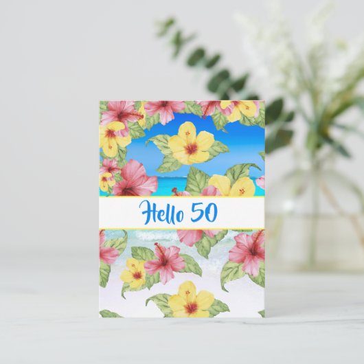 50th Birthday Tropical Flower Hello 50 Uitnodiging (Staand voorkant)