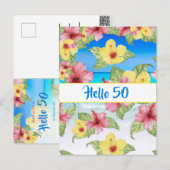50th Birthday Tropical Flower Hello 50 Uitnodiging (Voorkant / Achterkant)