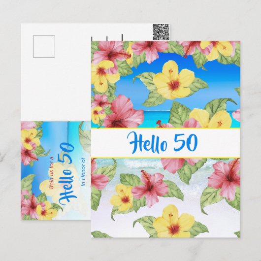 50th Birthday Tropical Flower Hello 50 Uitnodiging (Voorkant / Achterkant)