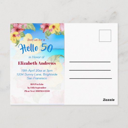 50th Birthday Tropical Flower Hello 50 Uitnodiging (Achterkant)