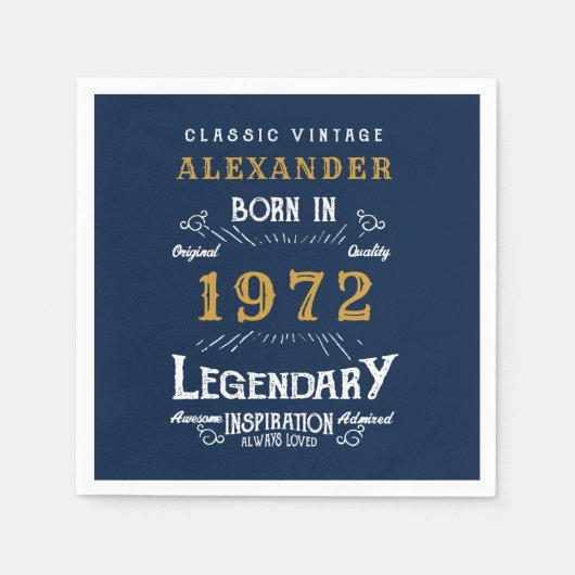 50th Birthday Voeg naam 1972 Blue Gold toe Servet (Voorkant)