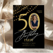50th Birthday with Photo Elegant Black & Gold Kaart