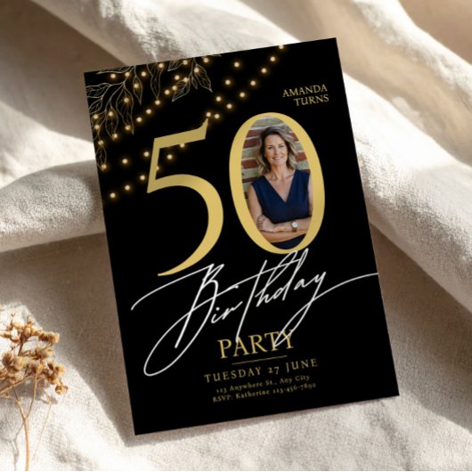 50th Birthday with Photo Elegant Black & Gold Kaart