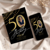 50th Birthday with Photo Elegant Black & Gold Kaart
