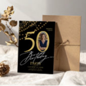 50th Birthday with Photo Elegant Black & Gold Kaart
