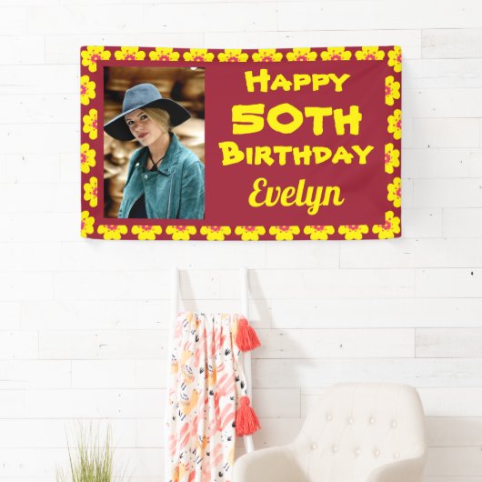 50th Birthday Yellow Flower Photo Party Spandoek (Insitu)