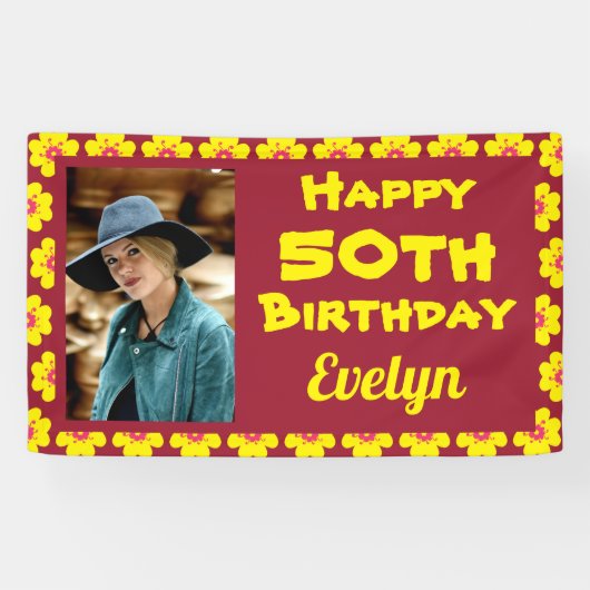 50th Birthday Yellow Flower Photo Party Spandoek (Horizontaal)