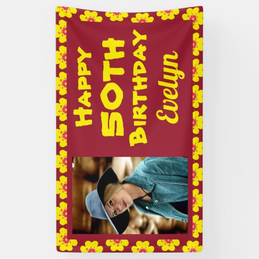 50th Birthday Yellow Flower Photo Party Spandoek (Verticaal)