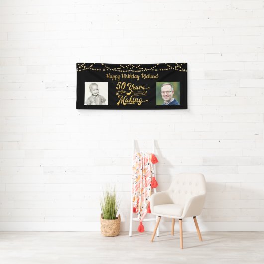 50th Birthday Zwart Goud String Lights Foto's Spandoek (Insitu)