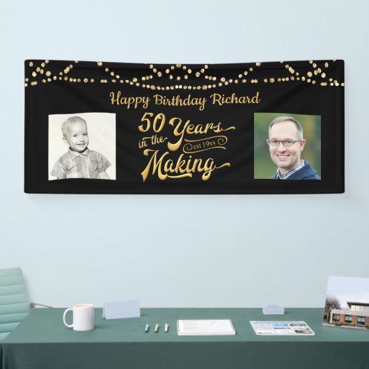 50th Birthday Zwart Goud String Lights Foto's Spandoek (Beurs)