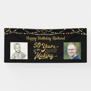 50th Birthday Zwart Goud String Lights Foto's Spandoek