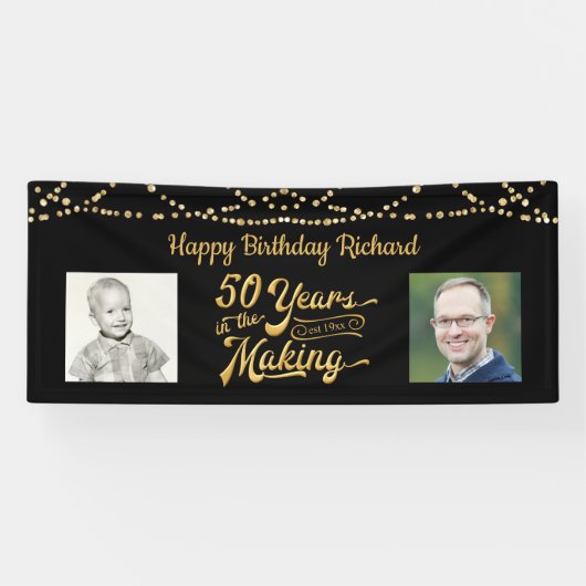 50th Birthday Zwart Goud String Lights Foto's Spandoek (Horizontaal)
