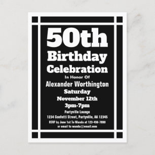 50th Black Simple Birthday Invitation Briefkaart