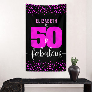 50th Fabulous Birthday Hot Pink folie stippen zwar Spandoek