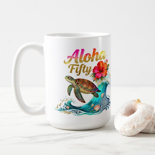 50th Fifty Birthday Tropical Ocean Beach Theme Koffiemok (Met donut)