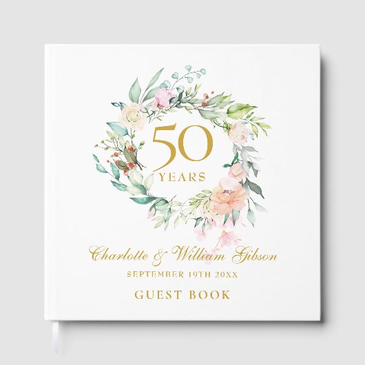 50th Golden Wedding Anniversary Floral Garland Gastenboek (Voorkant)