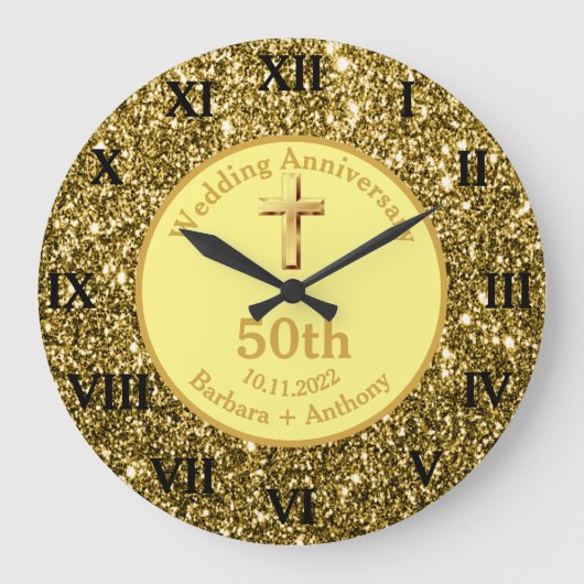 50th Golden Wedding Anniversary Gold Religious Lar Grote Klok (Voorkant)