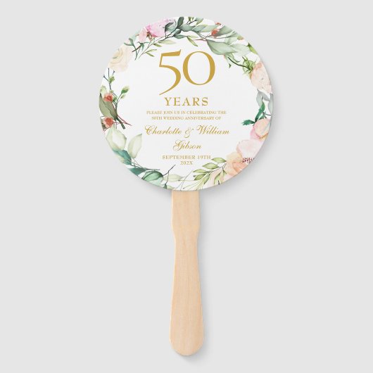 50th Golden Wedding Jubileum Bloemen Rozen Foto Handwaaier (Voorkant)