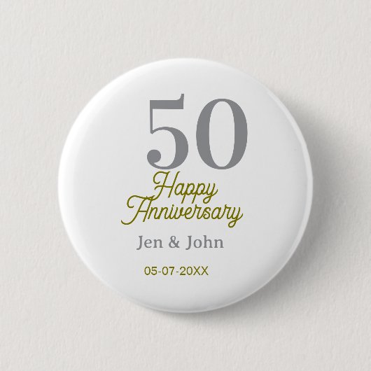 50th happy anniversary name date silver gold date  ronde button 5,7 cm (Voorkant)