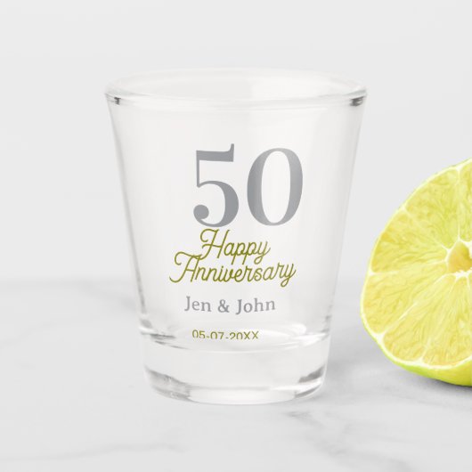 50th happy anniversary name date silver gold date shot glas (Voorkant)