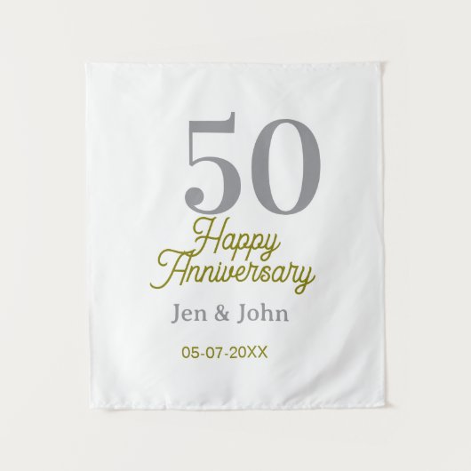 50th happy anniversary name date silver gold date  wandkleed (Voorkant)