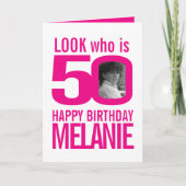 50th Happy Birthday 2 foto's wit roze Kaart (Voorkant)