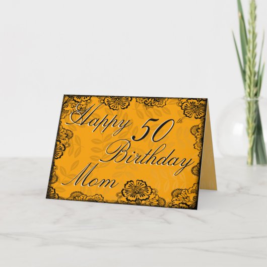 50th Happy Birthday Card - Orange Floral Kaart (Voorkant)