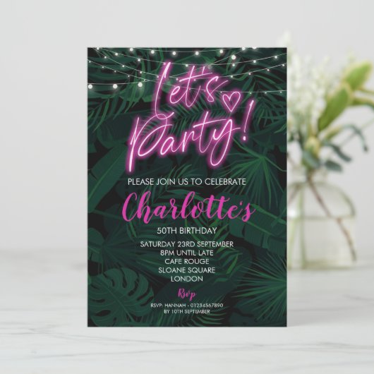 50th Invite roze neon zwart verjaardag Uitnodiging (Staand voorkant)