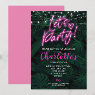 50th Invite roze neon zwart verjaardag Uitnodiging