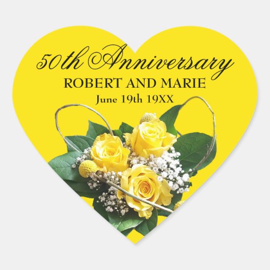 50th Jubileum Heart w Yellow Roses gepersonaliseer Hart Sticker (Voorkant)