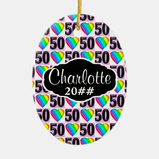 50TH LOVE HEART GEPERSONALISEERD EN GEDATEERD ORNA KERAMISCH ORNAMENT (Voorkant)