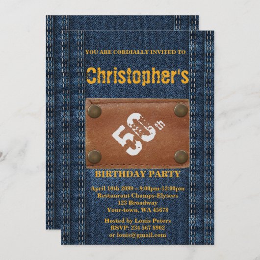50th, Verjaardag Party Man, Uitnodiging Denim stij (Voorkant / Achterkant)