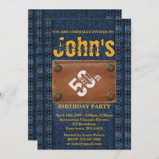 50th, Verjaardag Party Man, Uitnodiging Denim stij (Voorkant / Achterkant)