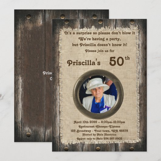 50th, Verjaardag Party vrouw, elke leeftijd, hout, Kaart (Voorkant / Achterkant)