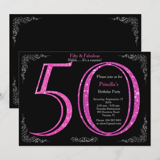 50th, Verjaardagsfeest, Vijftig, Gatsby, zwart zil Kaart (Voorkant / Achterkant)