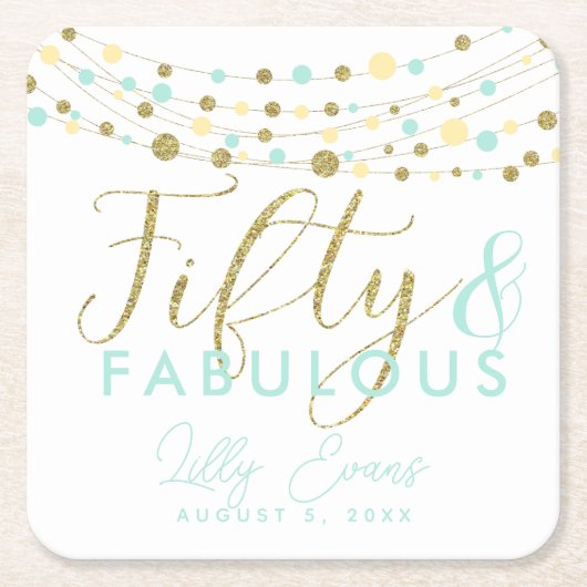 50th verjaardagsgoud en blauwgroen aangepaste onde kartonnen onderzetters (Voorkant)