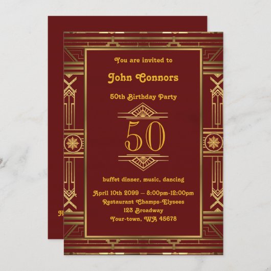 50th, Verjaardagsuitnodiging Man 50th, Gatsby stij Kaart (Voorkant / Achterkant)