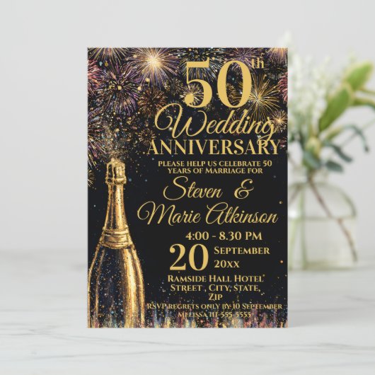 50th Wedding Anniversary Bubbly Celebration Gold Kaart (Staand voorkant)