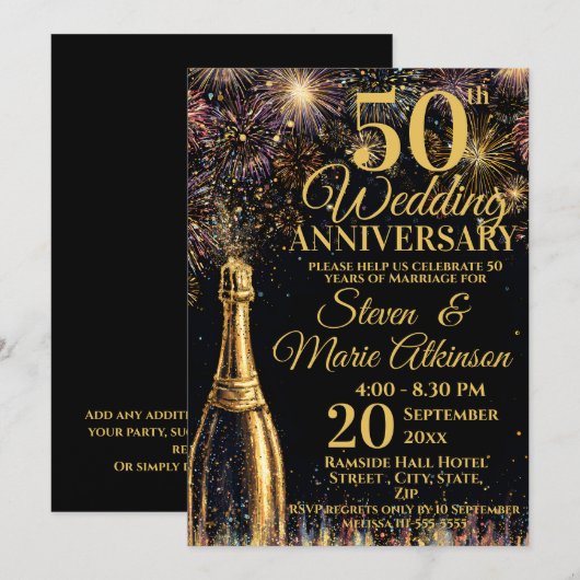 50th Wedding Anniversary Bubbly Celebration Gold Kaart (Voorkant / Achterkant)