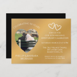 50th Wedding Anniversary Custom Photo Gold & Black Uitnodiging Briefkaart