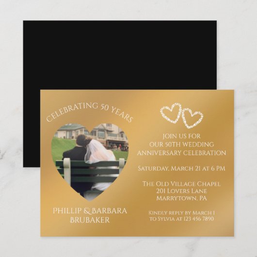 50th Wedding Anniversary Custom Photo Gold & Black Uitnodiging Briefkaart (Voorkant / Achterkant)