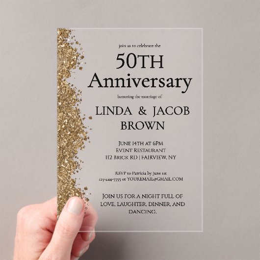 50th Wedding Anniversary Gold Faux Glitter  Acryl Uitnodigingen (Insitu (Draagbaar))