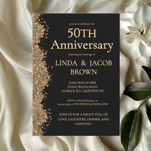 50th Wedding Anniversary Gold Faux Glitter  Kaart