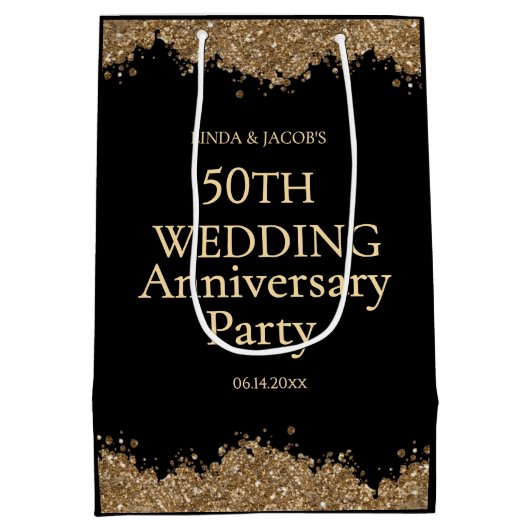 50th Wedding Anniversary Gold Faux Glitter  Medium Cadeauzakje (Achterkant)