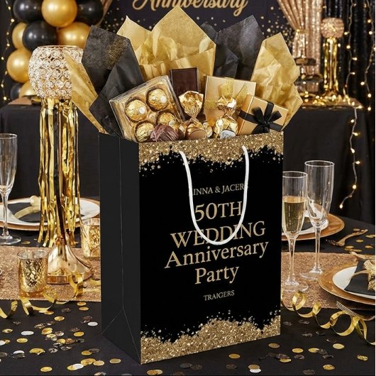 50th Wedding Anniversary Gold Faux Glitter  Medium Cadeauzakje