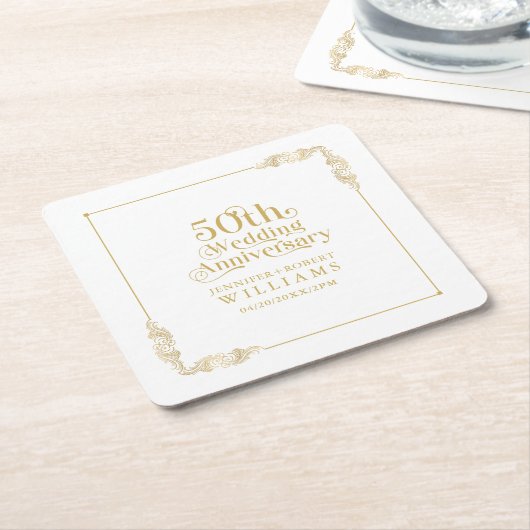 50th Wedding Anniversary Gold Floral Frame Kartonnen Onderzetters (Schuin)