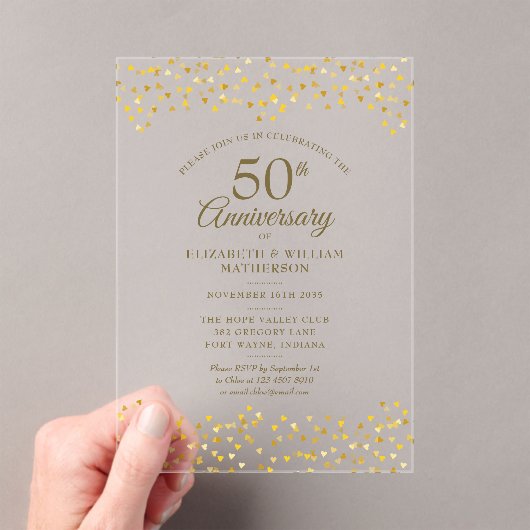 50th Wedding Anniversary Gold Love Hearts Confetti Acryl Uitnodigingen (Insitu (Draagbaar))